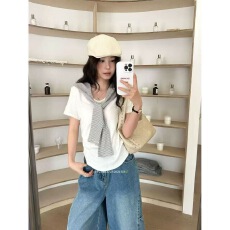 批发2026夏季新款<b class='q'>韩版</b>显瘦百搭圆领短袖侧收腰条纹围脖<b class='q'>T</b><b class='q'>恤</b>上衣