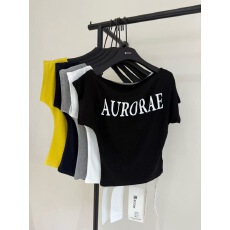 批发2026新款韩版纯欲斜领露肩字母印花<b class='q'>修身</b>辣妹T恤女上衣