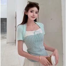 批发韩系方领撞色蝴蝶结假两件短袖t恤女夏季新款修身<b class='q'>打底衫</b>内搭上衣