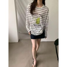 批发韩系圆领印花长袖条纹<b class='q'>防晒</b>T恤女2026夏季新款休闲风宽松显瘦上衣