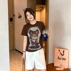 批发辣妹复古做旧猫咪印花短袖T恤女装夏季修身显瘦短款圆领正肩上衣