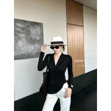 批发法式纯色交叉V领长袖t恤女2026秋新款褶皱收腰内搭打底衫上衣