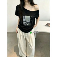 批发辣妹风斜领露肩短袖t恤女夏新款印花收腰显瘦<b class='q'>打底衫</b>百搭上衣