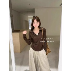 批发秋季翻领polo半开拉链长袖T恤女<b class='q'>修身</b>显瘦假两件休闲上衣衫