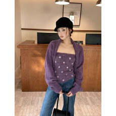 批发慵懒风针织<b class='q'>开衫</b>+百搭圆点抹胸背心女秋冬气质显瘦两件套套装上衣