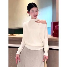 批发韩系温柔风露肩挂脖长袖毛<b class='q'>针织</b>衫女2026秋冬新款绝美大方得体上衣