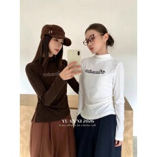 批发韩系半高领斜边开叉长袖t恤女字母印花<b class='q'>修身</b>秋季内搭上衣