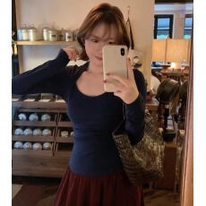 批发法式甜辣妹修身坎肩长袖t恤女秋季圆领高级感成熟御姐<b class='q'>打底衫</b>上衣
