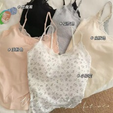 批发甜美小碎花拼接蕾丝边吊带女自带固定胸垫免穿文胸舒适上托可外穿