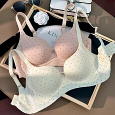 批发甜美波点光面立体杯内衣月牙型上托聚拢防下垂侧收副乳少女士文胸