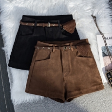 批发实拍复古咖色鹿皮绒短裤女秋季美式辣妹风百搭显瘦a字打底靴裤