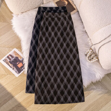 批发实拍加绒加厚复古毛呢格子高腰显瘦中长款直筒裙半身裙女秋冬裙子