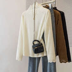 批发实拍大码女装秋冬季新款胖MM高级感韩版半高领蕾丝磨毛百搭针织衫