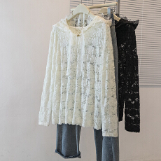 批发实拍大码女装秋冬新款韩系温柔蕾丝提花连帽宽松百搭气质蕾丝衫