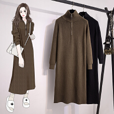 批发实拍大码女装秋冬新款韩版拉链设计<b class='q'>翻领</b>高领毛衣裙直筒针织<b class='q'>连衣裙</b>