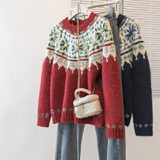 批发实拍大码冬季<b class='q'>女装</b>新款韩版潮牌复古提花费尔岛毛衣宽松针织上衣