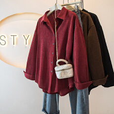 批发实拍大码女装<b class='q'>冬</b>季新款韩系流行灯芯绒衬衫女外套宽松叠穿衬衣上衣