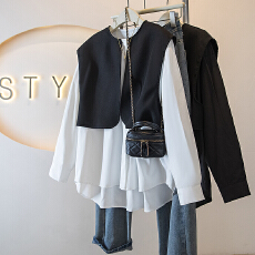 批发实拍大码女装新款韩版胖MM高级感中长拼接假两件潮流瘦修身上衣