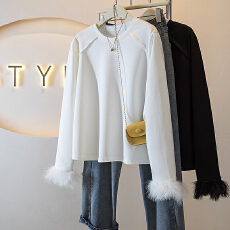 批发实拍大码女装新款韩版胖MM高级感潮流毛毛袖中式气质显瘦修身上衣