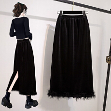 批发实拍大码女装<b class='q'>冬</b>季新款韩系黑色丝绒高级感高腰包臀下摆毛毛半身裙