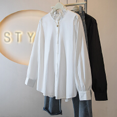 批发实拍大码女装新款<b class='q'>韩版</b>高级感荷叶边长袖蕾丝拼接宽松显瘦衬衫上衣