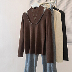 批发实拍<b class='q'>大码</b><b class='q'>女装</b>新款韩系设计感镂空打底半高领烫钻毛衣修身针织上衣