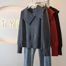 批发实拍大码女装<b class='q'>冬</b>季新款韩版高级感潮流钉珠设计感显瘦修身针织上衣