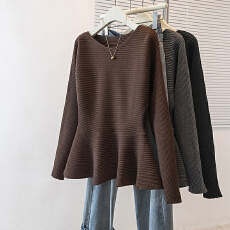 批发实拍大码女装新款韩版休闲通勤简约圆领修身收腰荷叶边针织上衣