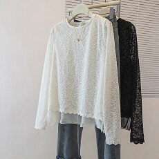 批发实拍大码女装春季新款韩版提花镂空蕾丝女宽松圆领内搭打底衫上衣