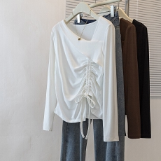 批发实拍大码女装<b class='q'>冬</b>季韩系胖MM设计感V领不规则抽绳褶皱T恤上衣