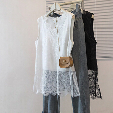 批发实拍大码女装新款韩版刺法式高级感刺绣蕾丝衫短袖宽松洋无袖上衣
