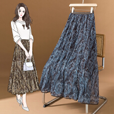 批发实拍大码女装新款韩版复古碎花网纱时尚气质a字裙印花摆裙半身裙