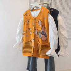 批发实拍大码女装新款韩版高级感潮流卡通图案设计感显瘦修身衬衫马甲