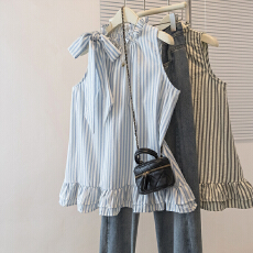 批发实拍大码女装<b class='q'>韩版</b>新款甜美设计感条纹气质蝴蝶结<b class='q'>娃娃衫</b>无袖上衣