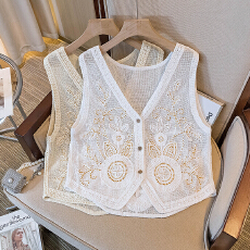 批发实拍实价大码女装气质时尚重工刺绣勾花无袖洋气别致V领显瘦马甲