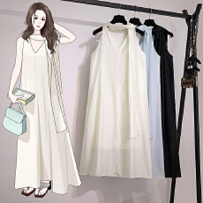 批发实拍大码女装新款韩版胖MM高级感潮流挂脖设计感显瘦宽松连衣裙.