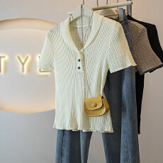 批发实拍大码女装新款<b class='q'>韩版</b>通勤老钱风翻领短袖高级T修身显瘦气质上衣