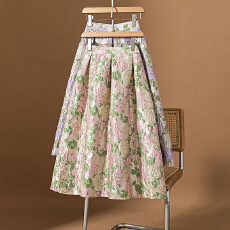 批发实拍大码女装新款法式宫廷复古重工提花蓬蓬<b class='q'>高腰</b>显瘦压褶A半身裙