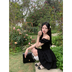 批发辣妹收腰蓬蓬小黑裙法式短袖显瘦黑色裙子<b class='q'>连衣裙</b>女夏