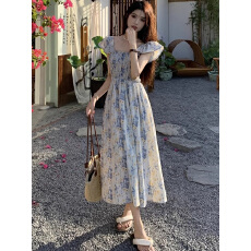 批发小飞袖连衣<b class='q'>裙</b>女夏季新款法式玫瑰印花收腰显瘦中长款A字<b class='q'>裙</b>子