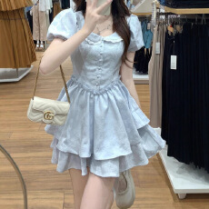 批发法式甜美初恋小个子娃娃领<b class='q'>连衣裙</b>女学生夏季收腰显瘦泡泡袖<b class='q'>蓬蓬裙</b>