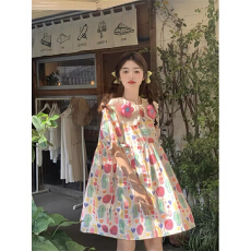 批发夏季新款甜美风设计感小众个性减龄<b class='q'>印花</b>娃娃领泡泡袖<b class='q'>连衣裙</b>女