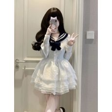 批发学院风白色<b class='q'>连衣裙</b>女春季法式高级感气质公主<b class='q'>蓬蓬裙</b>收腰小个子短裙