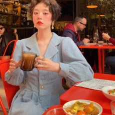 批发春装新款女装法式西装领设计感可甜可盐中长裙子灯芯绒连衣裙