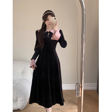 批发<b class='q'>大码</b>撞色长袖复古丝绒<b class='q'>连衣裙</b>秋季新款<b class='q'>女</b>装胖mm高腰显瘦甜美长裙子