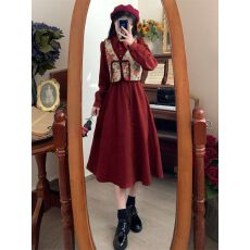 批发新中式国风女装秋冬新款小个子高级感气质马甲连衣裙子两件套