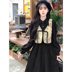 批发新中式国风女装秋冬新款小个子高级感气质马甲连衣裙子两件套