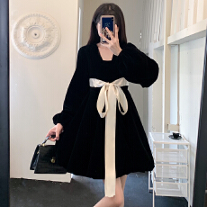 批发法式气质高级感<b class='q'>连衣裙</b><b class='q'>女</b><b class='q'>大码</b>秋冬胖妹妹收腰绑带蝴蝶结丝绒小黑裙