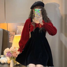 批发己出货 假两件丝绒连衣裙气质公主蓬蓬裙短裙