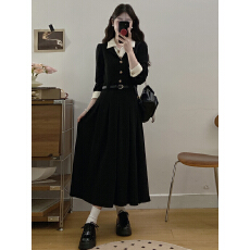 批发法式高级感黑色polo领<b class='q'>衬衫</b>连衣裙子女新款夏季穿搭<b class='q'>假两件</b>长裙